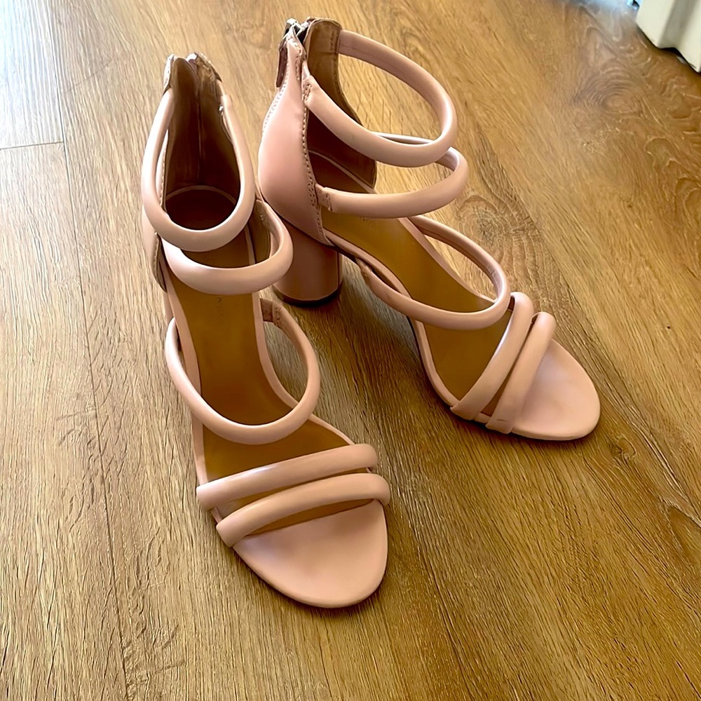 Rebecca Minkoff light pink strappy block heel sandal.
